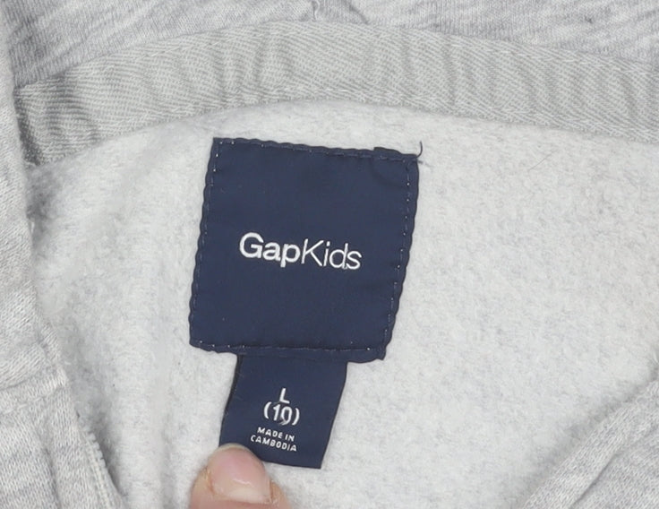 Close-up detail of Gap girls’ grey hoodie l size full zip logo fleece