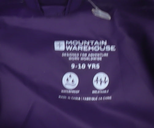 Brand and care label for Mountain Warehouse girls’ purple windbreaker jacket 9-10 years