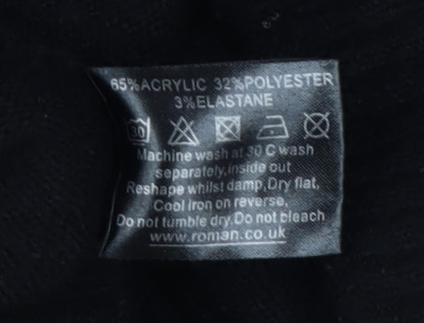 Brand and care label for Roman Women's Black Beaded High Neck jumper, size 16