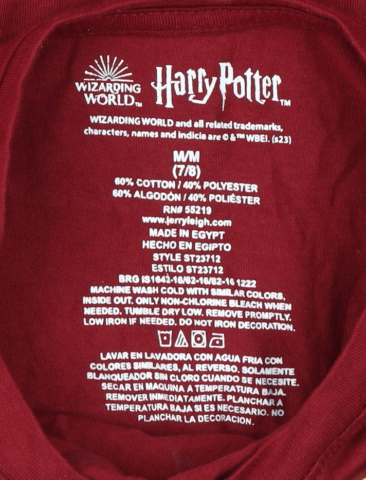 Close-up detail of Harry Potter girls’' red t-shirt, wizarding world, 7-8 years