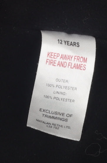 Brand and care label for Matalan boys’ black zip hoodie, size 12, years, polyester