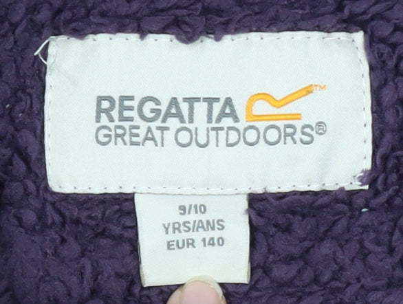 Brand and care label for Regatta girls’ purple polyester jacket, size 9-10, years