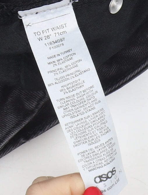 Close-up detail of ASOS Men's Black Denim Distressed Shorts, size 28, Slim Fit