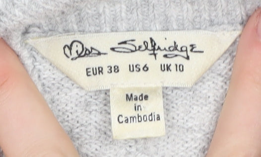 Brand and care label for Miss Selfridge Women's Grey High Neck Jumper, size 10