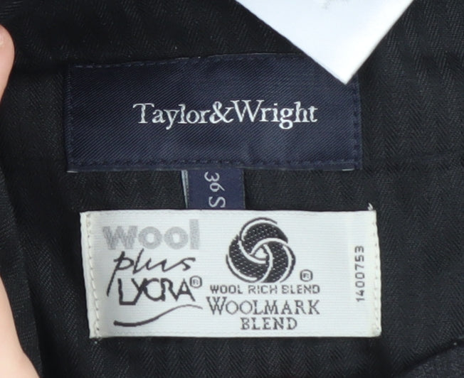 Close-up detail of Taylor & Wright Men's Black Wool Trousers, size 36, S