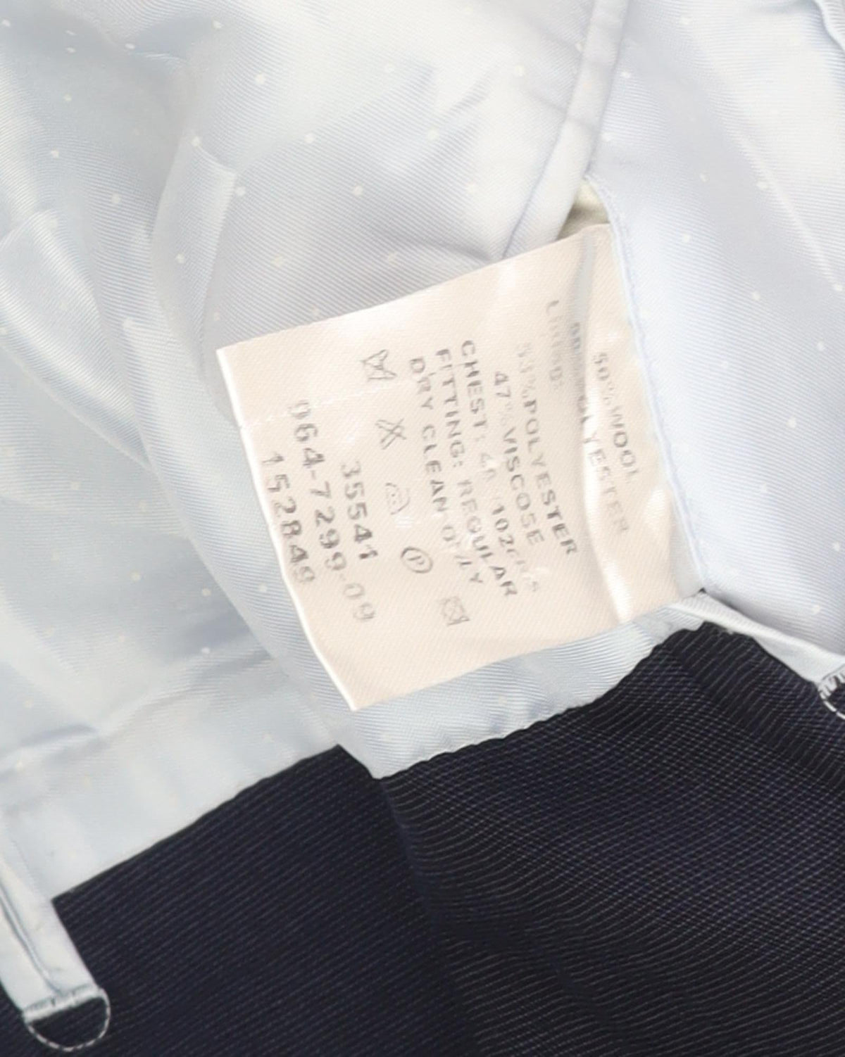 Brand and care label for French Connection Men's Blue Regular Blazer, size 40