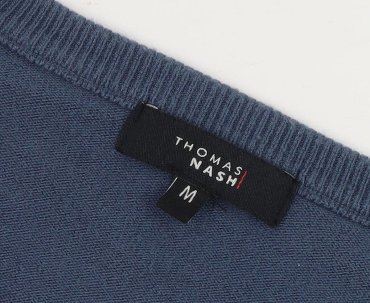 Close-up detail of Thomas Nash Men's Blue V-Neck jumper, size M
