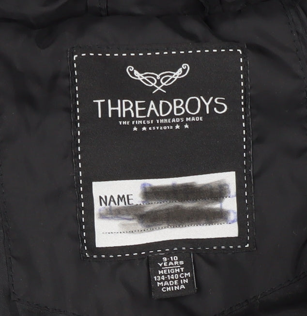 Brand and care label for Threadboys boys’ green colourblock puffer jacket 9-10 years