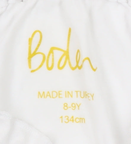 Brand and care label for Boden girls’ white top, size 8-9, years, 3/4 sleeve