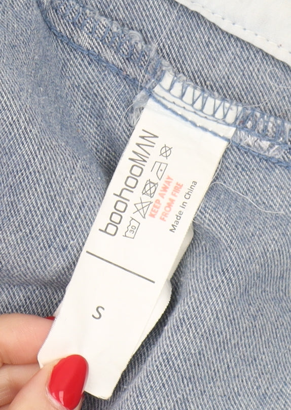 Brand and care label for boohooMAN Men's Blue Denim Jacket, size S
