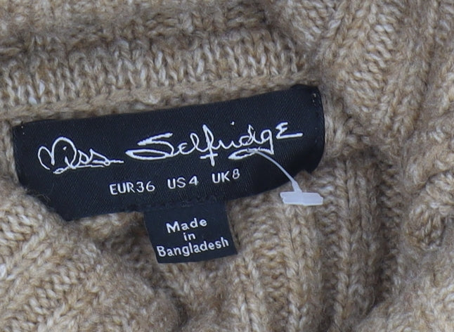 Brand and care label for Miss Selfridge Women's Beige Cowl Neck jumper, size 8