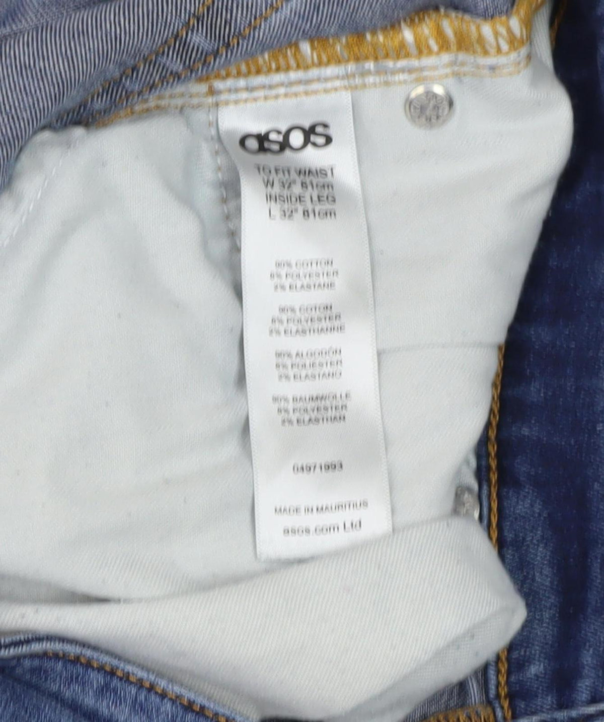 Close-up detail of ASOS Women's Blue Skinny Jeans, size 32