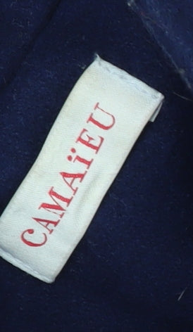 Brand and care label for Camaieu Women's Blue Wool Pea Coat, size 8