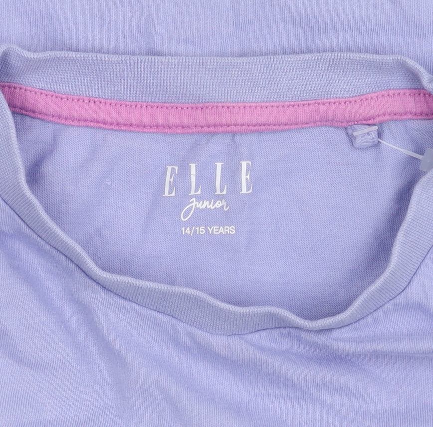 Close-up detail of ELLE girls’ purple t-shirt 14-15 years with logo accents