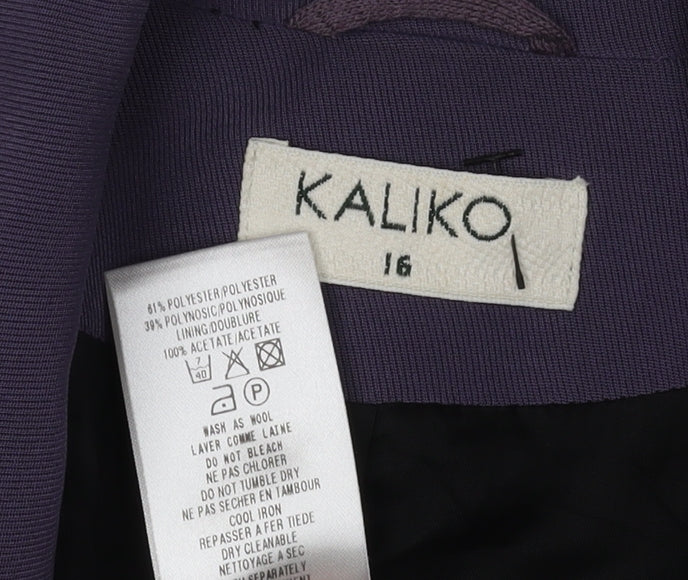 Brand and care label for Kaliko Women's Purple Double-Breasted Blazer, size 16