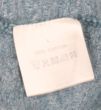 Brand and care label for Linea Men's Blue Crew Neck T-Shirt, size L