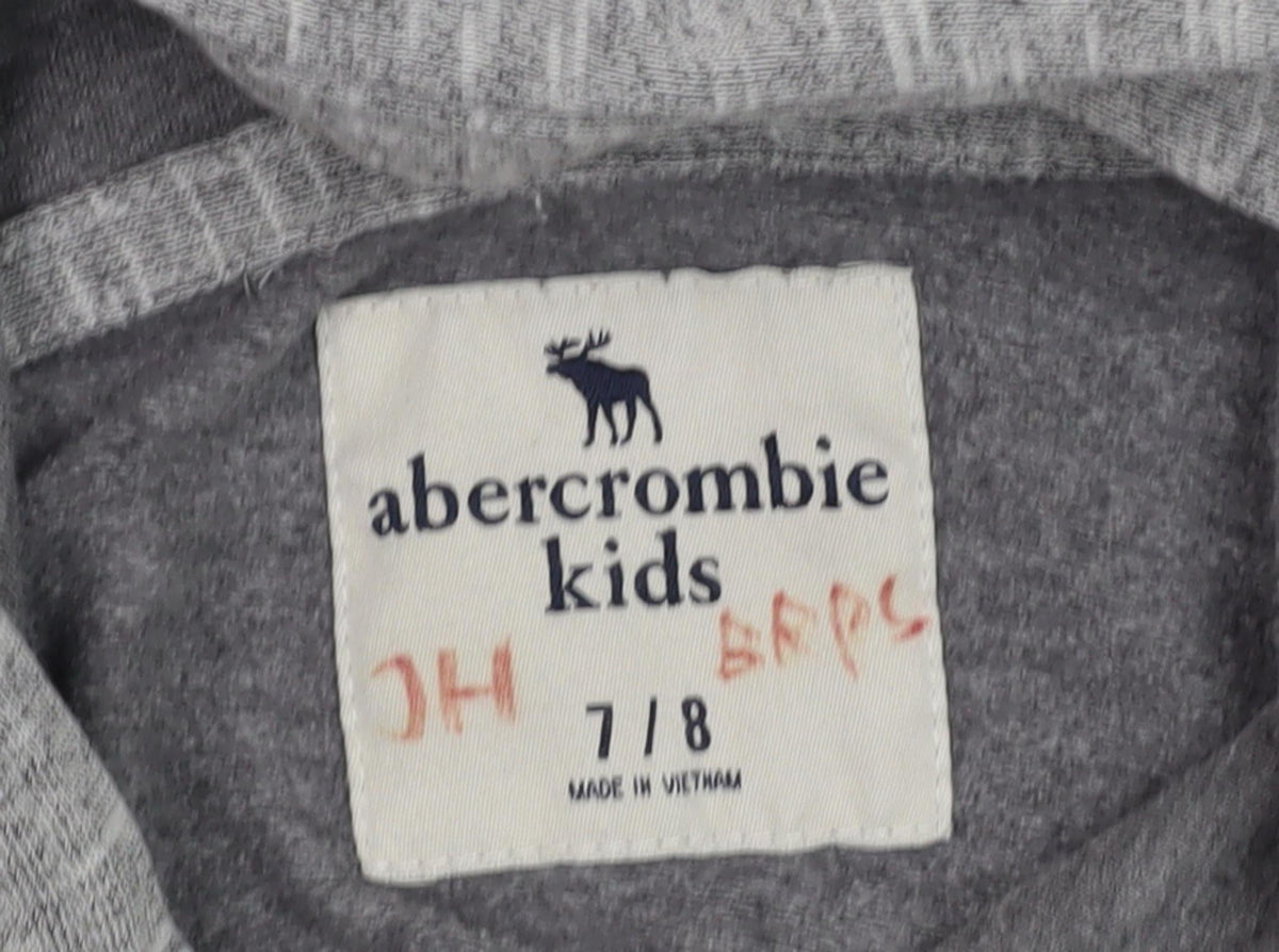 Close-up detail of Abercrombie & Fitch boys’ grey pullover hoodie 7-8 years