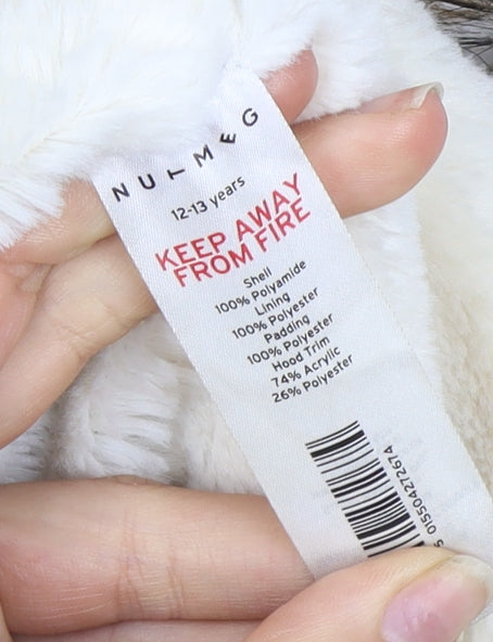 Close-up detail of Nutmeg girls’ beige parka coat, size 12-13, hooded, winter