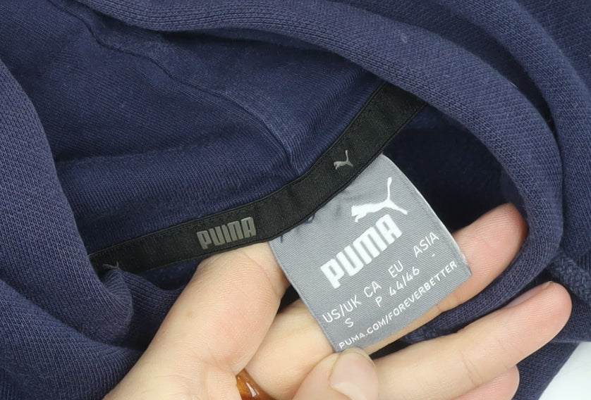 Brand and care label for Puma boys’ blue pullover hoodie in, size S, with logo