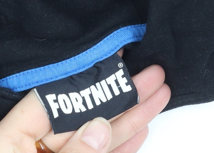Brand and care label for Fortnite boys’ black hoodie, pullover, 11-12 years, logo