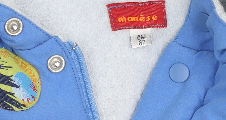 Brand and care label for Marèse boys’ blue puffer jacket 6 months hooded winter coat