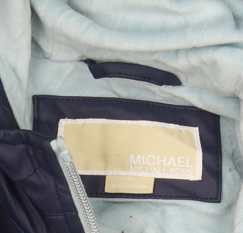 Brand and care label for Michael Kors girls’ blue hooded rain coat 6-7 years