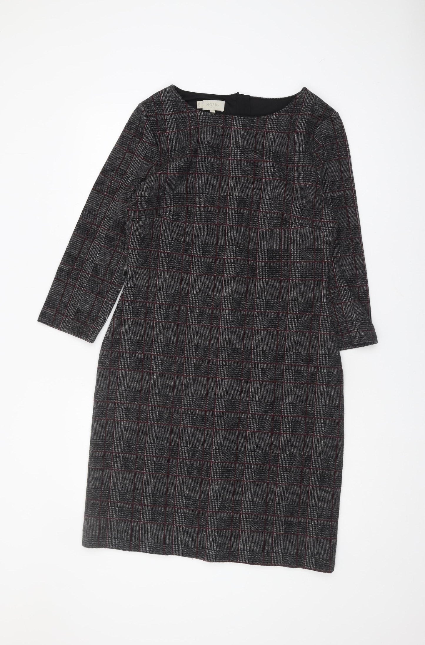 Hobbs Women's Grey Check Dress Size 12 Boat Neck Zip