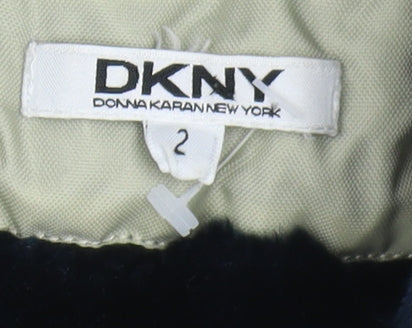 Brand and care label for DKNY boys’ blue puffer jacket hooded 2 years