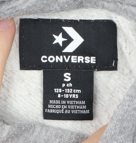 Brand and care label for Converse boys’ grey pullover hoodie, size 8-10, years