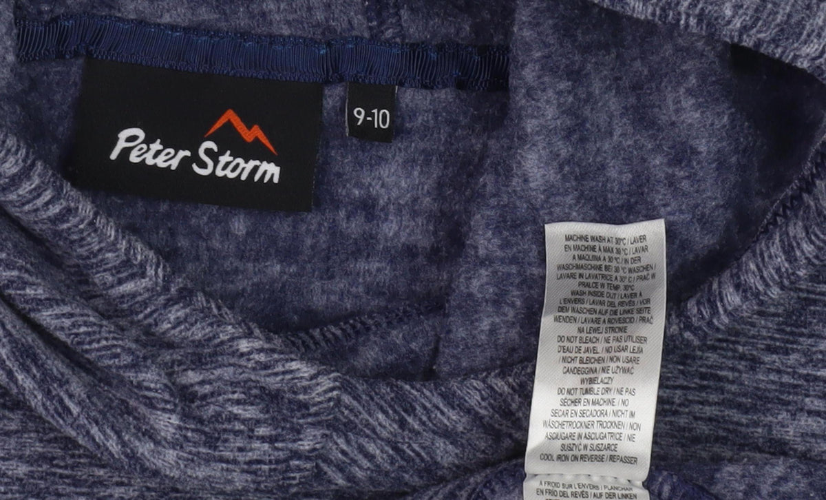 Close-up detail of Peter Storm boys’ blue pullover hoodie, size 10, lightweight