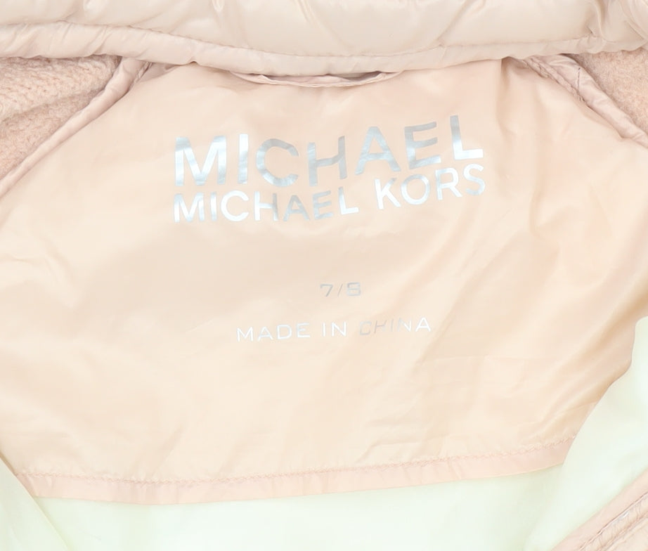 Brand and care label for Michael Kors girls’ pink puffer jacket 7-8 years hooded winter