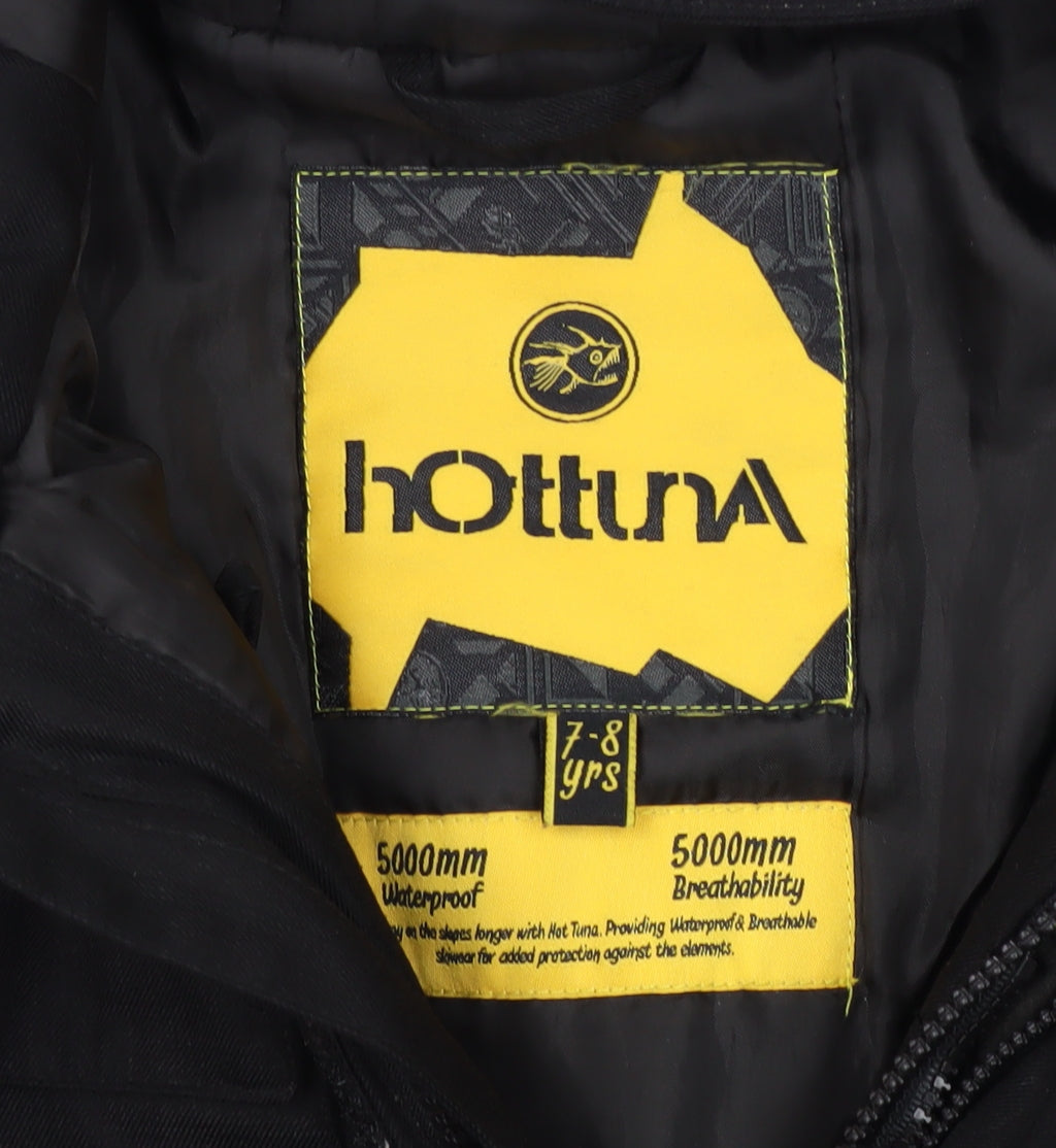Brand and care label for Hot Tuna boys’ black jacket 7-8 years waterproof