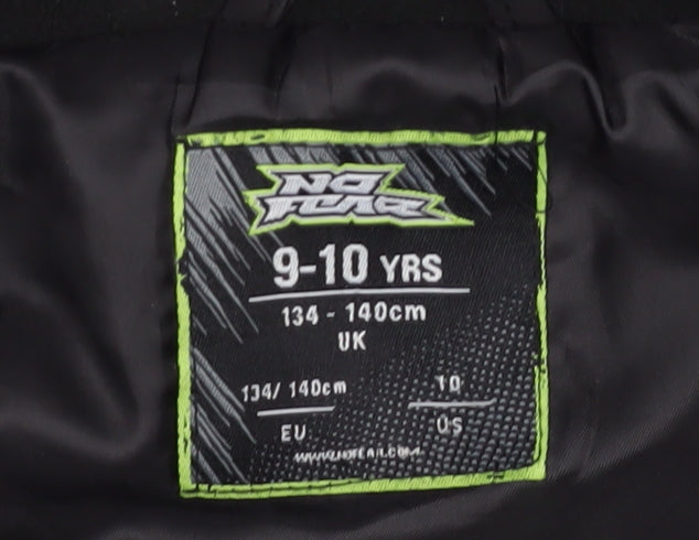 Brand and care label for No Fear boys’ black parka coat, size 10, hooded winter