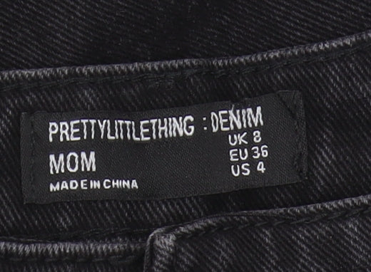 Brand and care label for PRETTYLITTLETHING Black Mom Jeans UK 8 Distressed Style