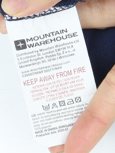Brand and care label for Mountain Warehouse boys’ blue fleece zip-up hoodie jacket 13y