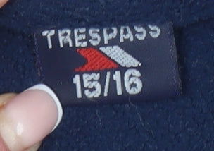 Brand and care label for Trespass boys’ blue fleece 1/2 zip hoodie, size 16, years