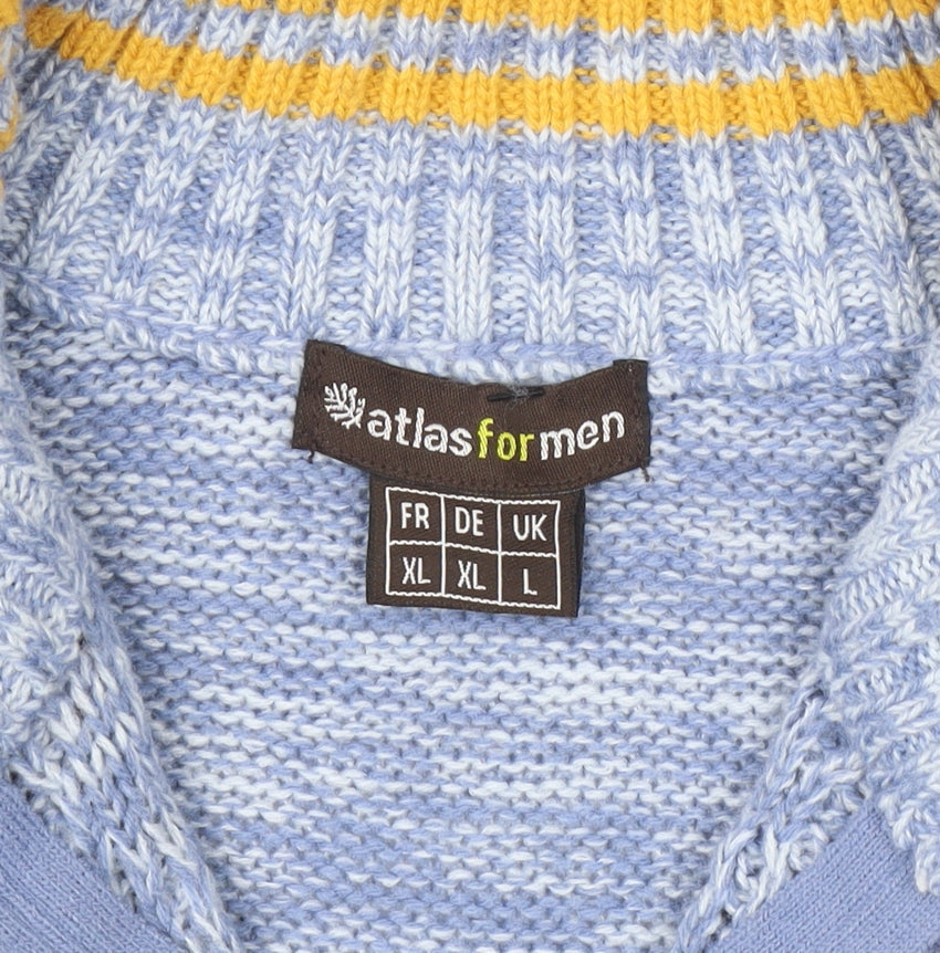 Brand and care label for Atlas For Men Blue XL Cable-Knit Half Zip Jumper