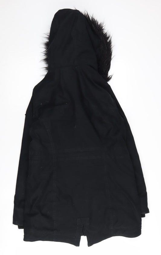 Hollister Women's Black Parka Jacket Size M - Stylish Fur Trim