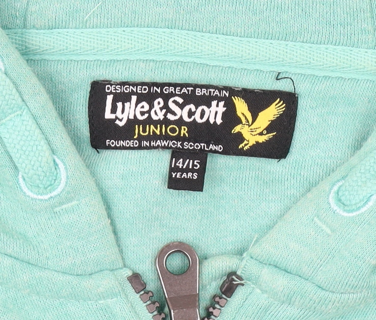Brand and care label for Lyle & Scott boys’ green hooded jacket 14 years
