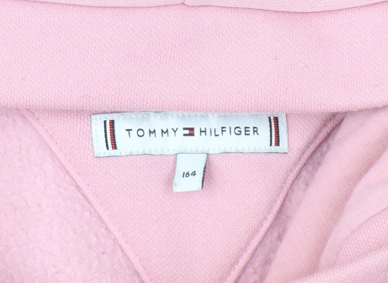 Brand and care label for Tommy Hilfiger girls’ pink hoodie jacket, size 164