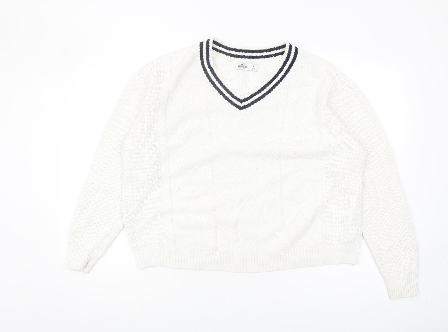 Hollister Women's White Cable-Knit V-Neck Jumper, M