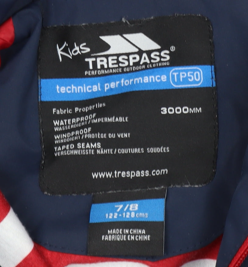 Brand and care label for Trespass girls’ blue waterproof parka jacket 7-8 years