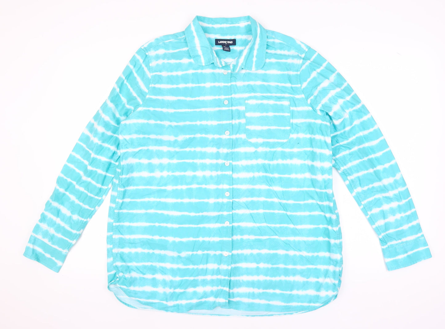 Lands' End Women's Blue Striped Button-Up Shirt L