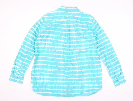 Lands' End Women's Blue Striped Button-Up Shirt L