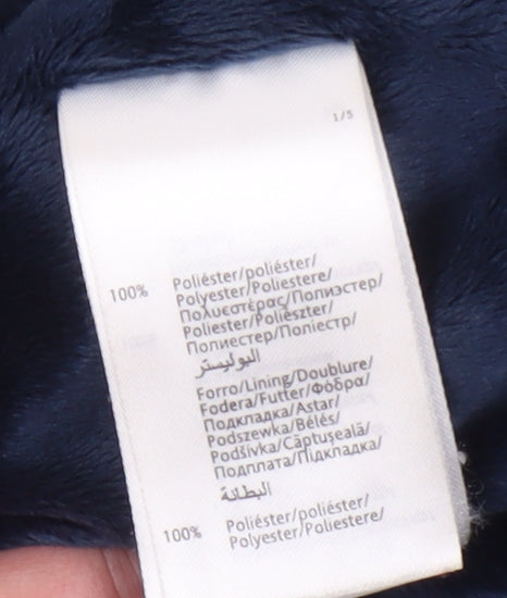 Brand and care label for Mayoral girls’ blue puffer jacket, size 4, winter hooded coat