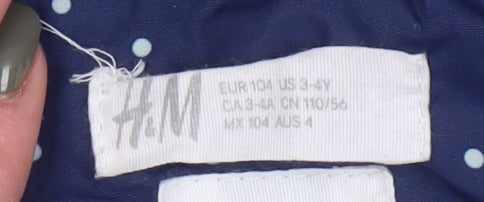 Brand and care label for H&M girls’ blue polka dot parka jacket 3-4 years, hooded, lined