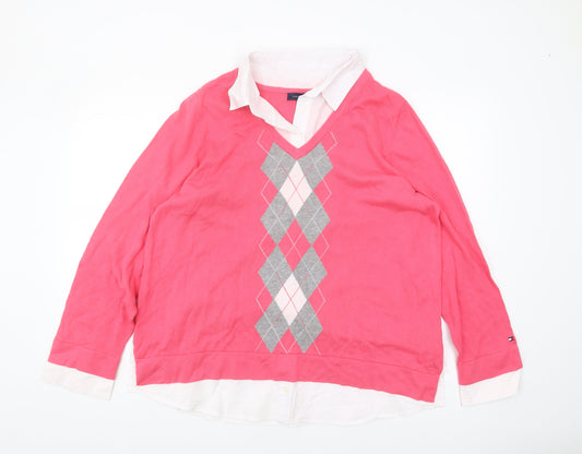 Tommy Hilfiger Women's Pink Argyle Patterned Pullover Jumper L