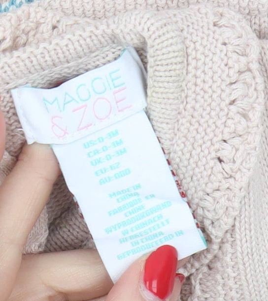 Brand and care label for Maggie & Zoe girls’ beige knit dress, 0-3 months with bow detail