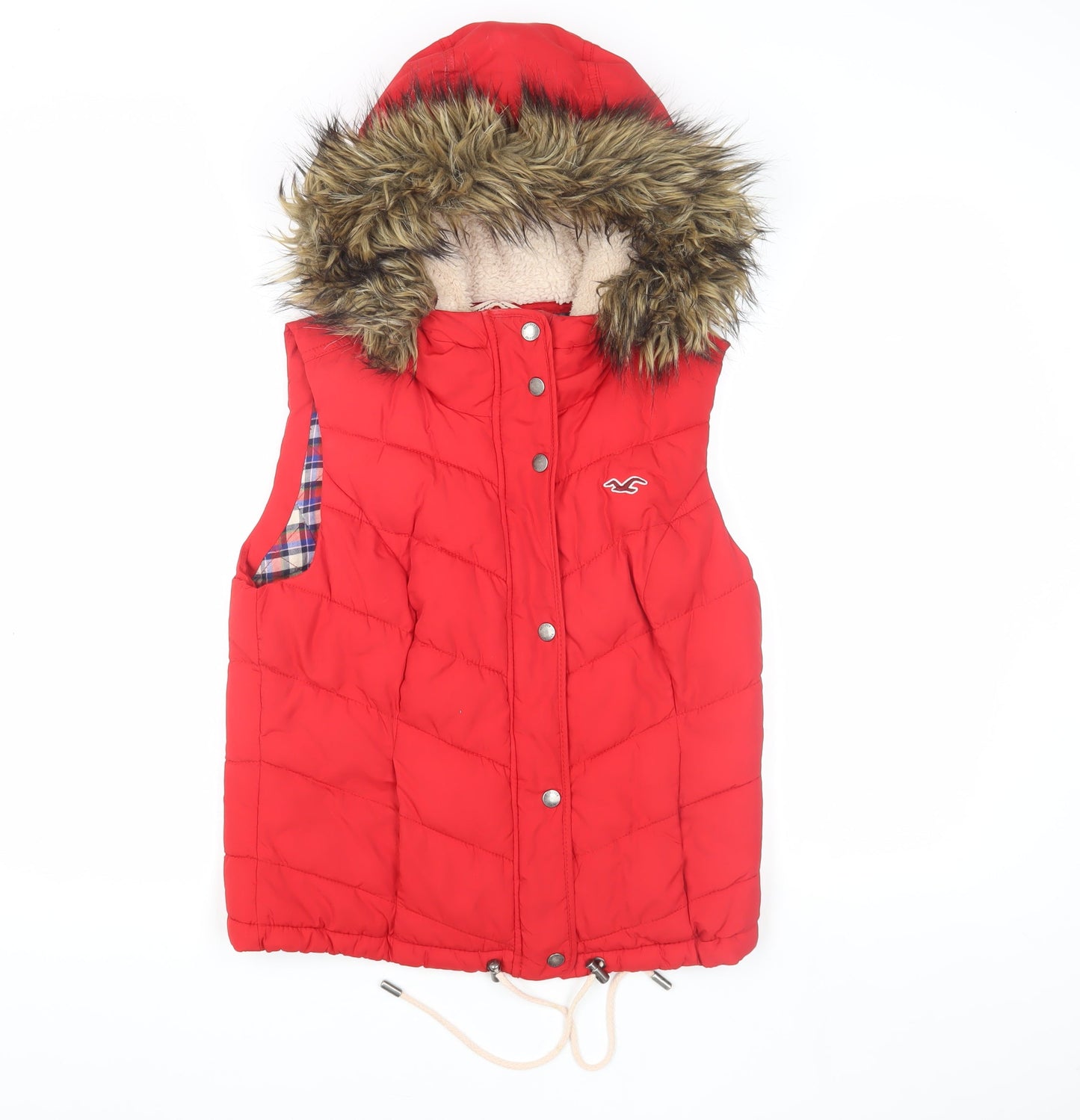 Hollister Women's Red Puffer Jacket with Fur Hood, M