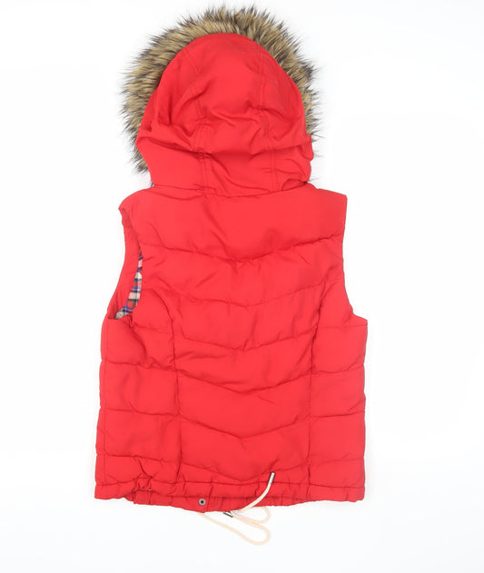 Hollister Women's Red Puffer Jacket with Fur Hood, M